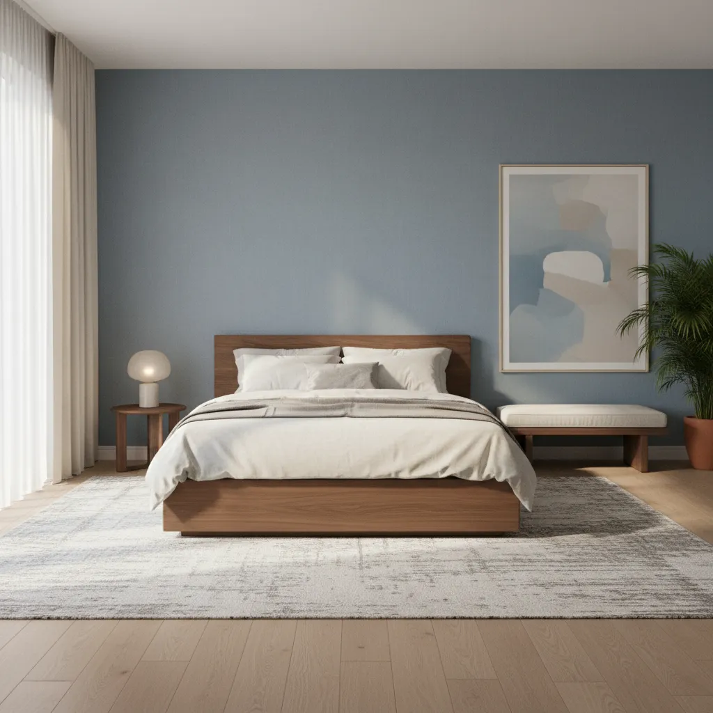 Bedroom with dusty blue walls cream bedding and walnut furniture