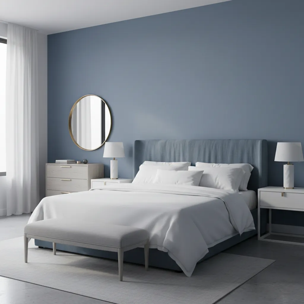 Bedroom with dusty blue wall colour and soft natural lighting