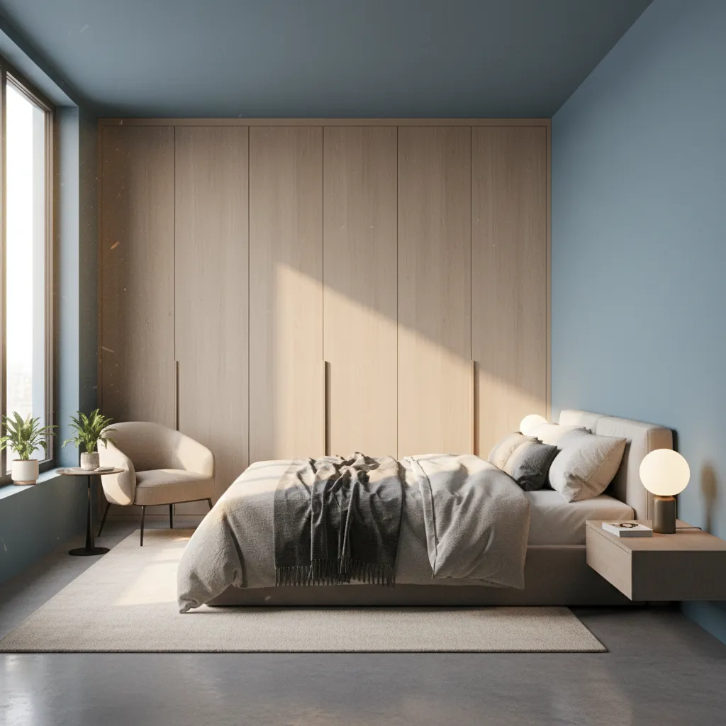 Compact bedroom with dusty blue walls creating visual depth