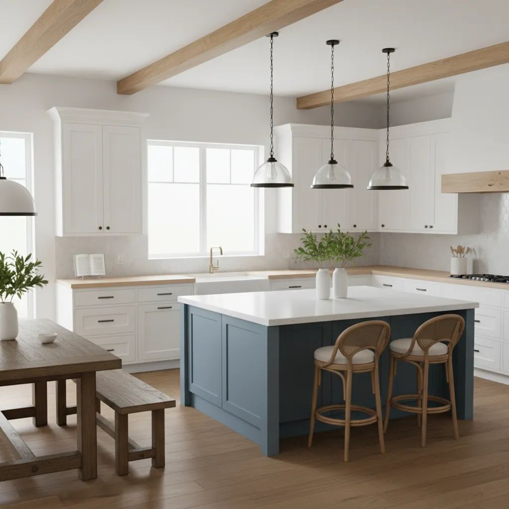 Farmhouse kitchen with dusty blue island and white cabinetry