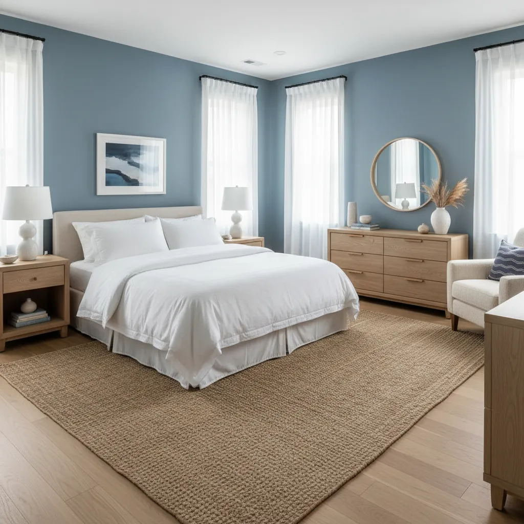 Soft dusty blue guest bedroom with white bedding and light wood furniture