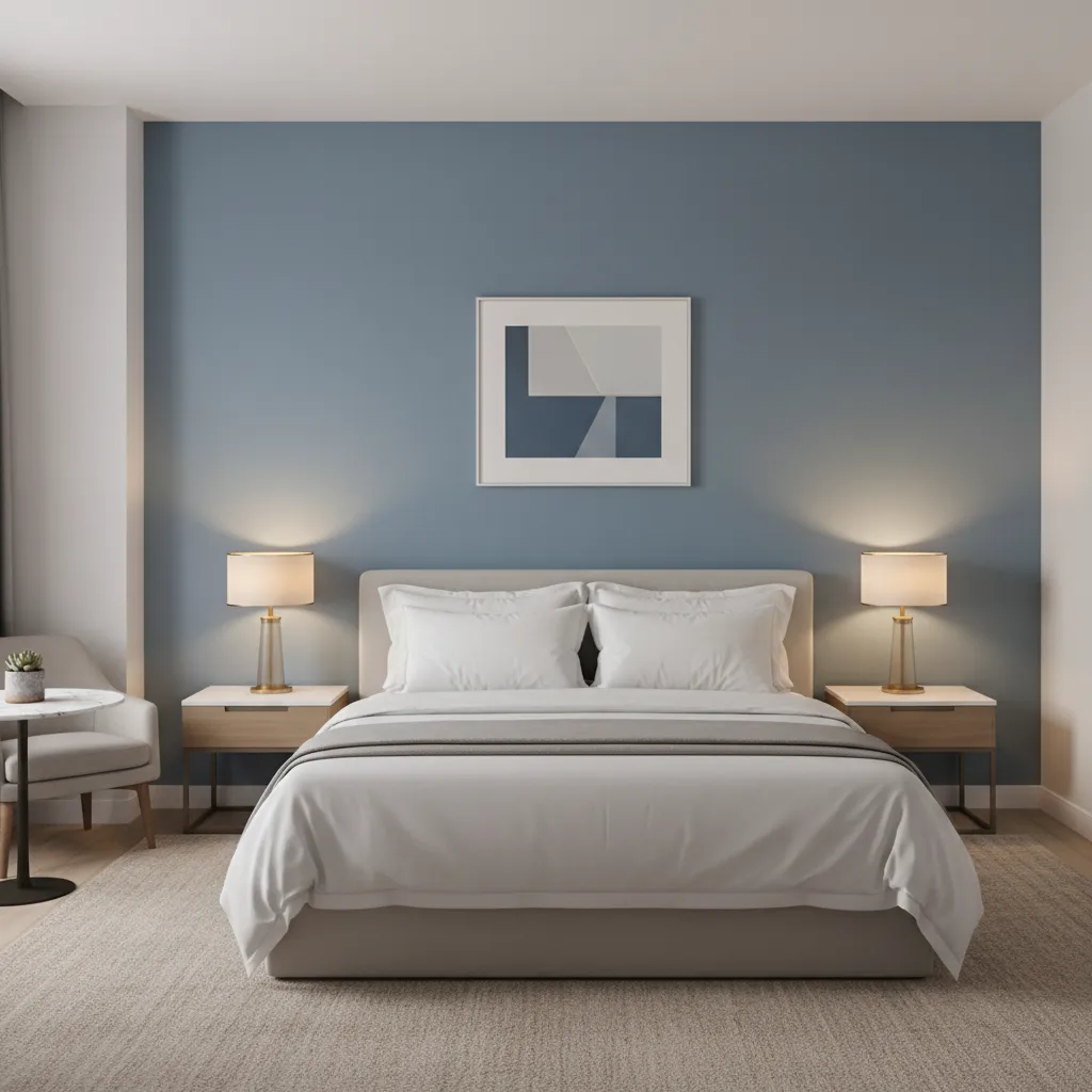 Dusty blue guest bedroom with white bedding and minimalist decor