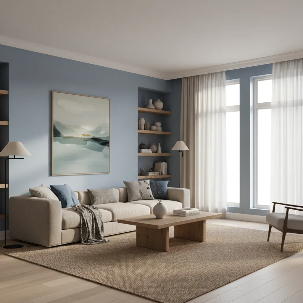 Living room with dusty blue walls and neutral furniture