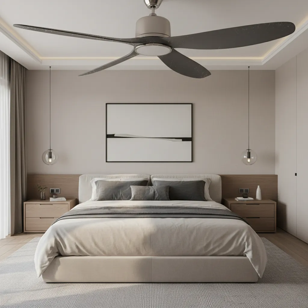 Ceiling fan blades with visible dust buildup in a residential room