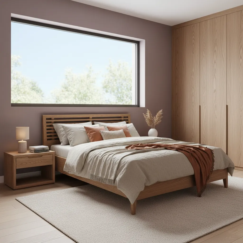 modern bedroom with dusty mauve purple walls and natural wood furniture