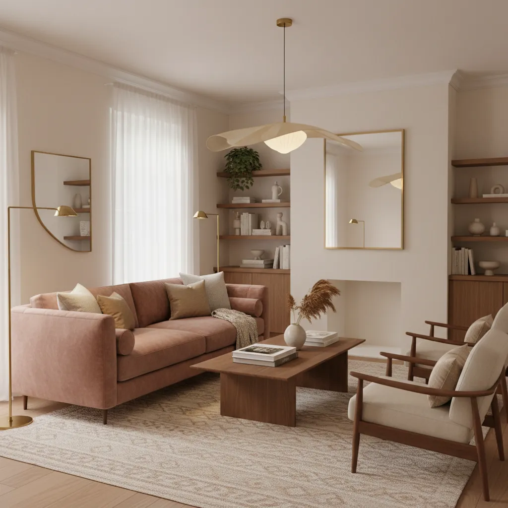 cozy living room with dusty rose sofa and warm lighting