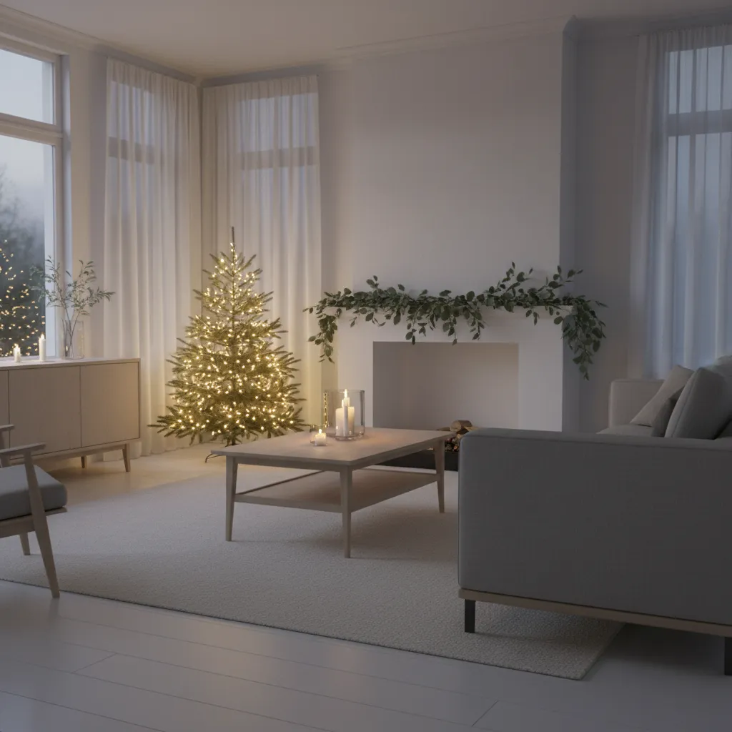 Minimalist Dutch living room with simple Christmas tree and warm lighting