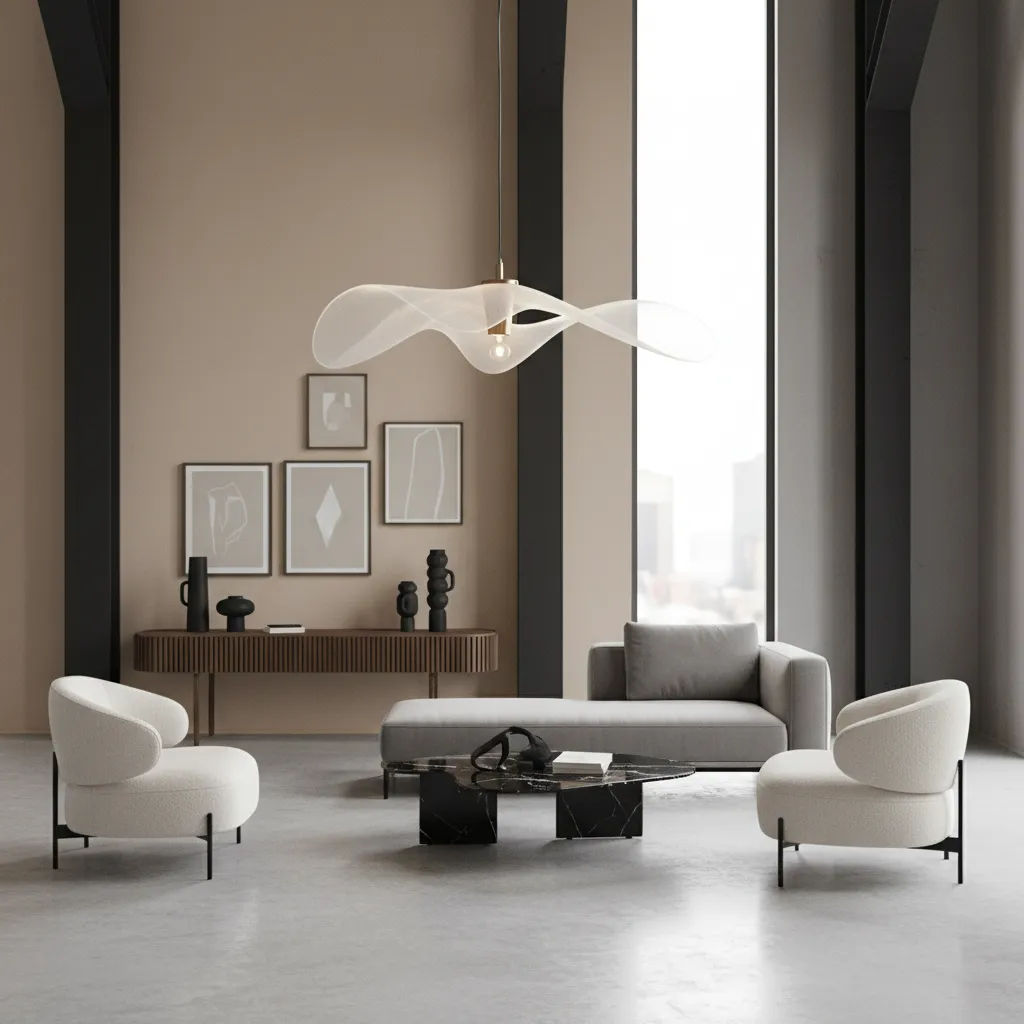 Contemporary Dutch designer furniture and sculptural lighting in modern interior