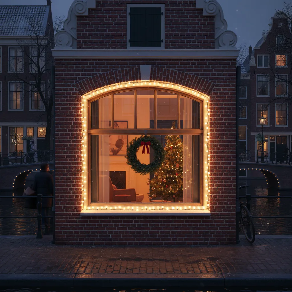Dutch townhouse window decorated with warm Christmas lights and greenery