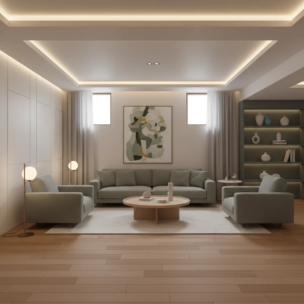 Basement interior using Dutch inspired neutral palette wood and soft lighting