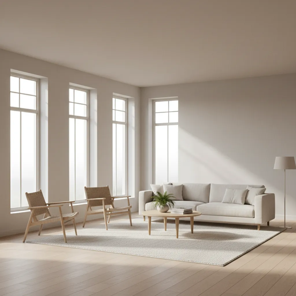 Bright Dutch living room with large windows and neutral interior