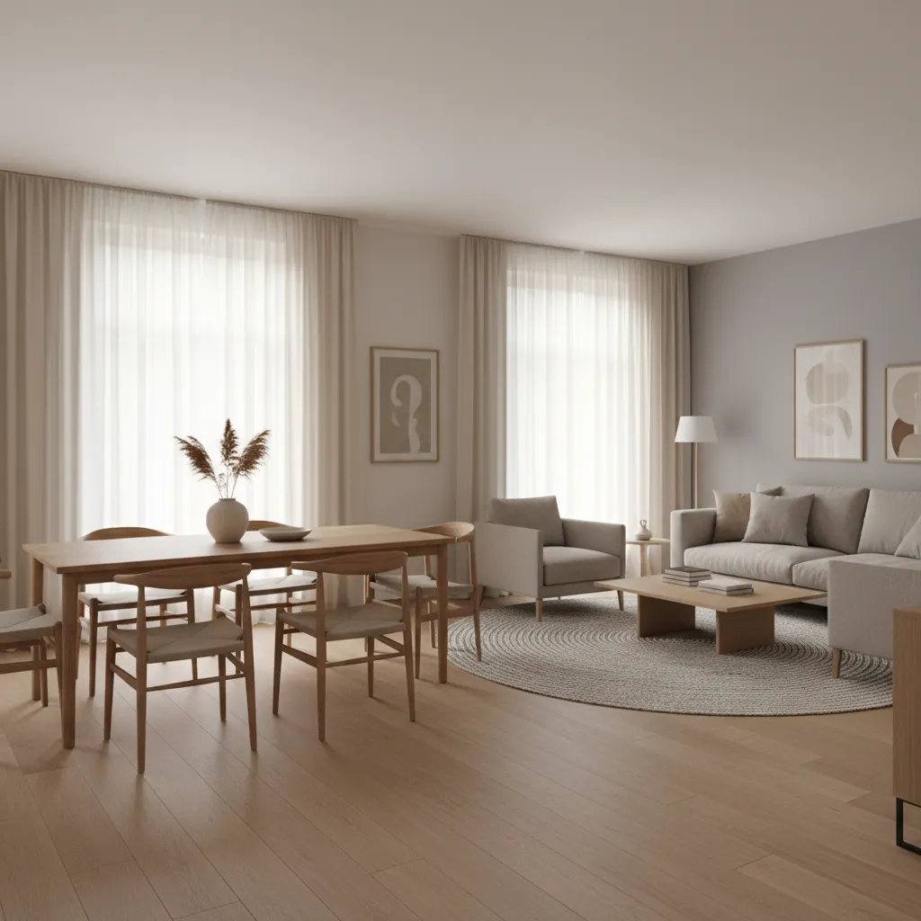 open layout Dutch living dining room showing clear circulation space