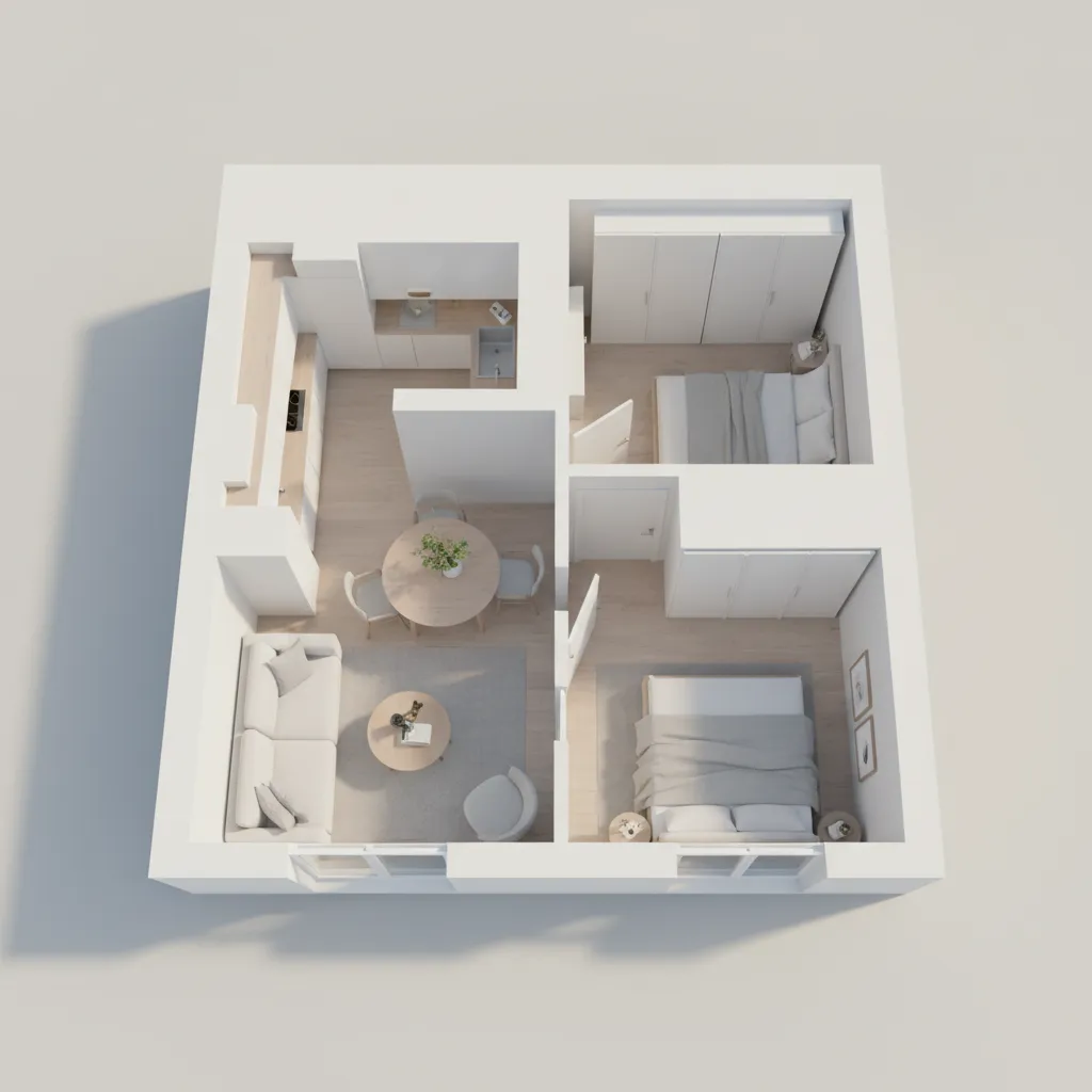 3D layout visualization of a small Dutch style apartment