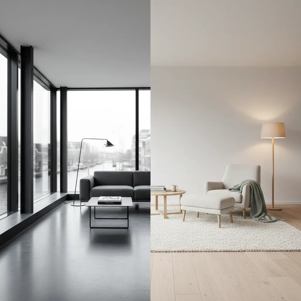 Interior materials comparison showing Dutch concrete and steel versus Scandinavian wood textures