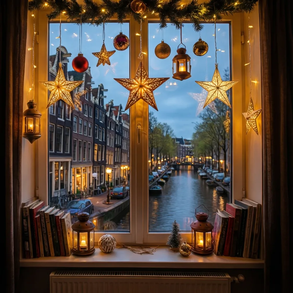Dutch apartment window decorated with Christmas star lights and ornaments