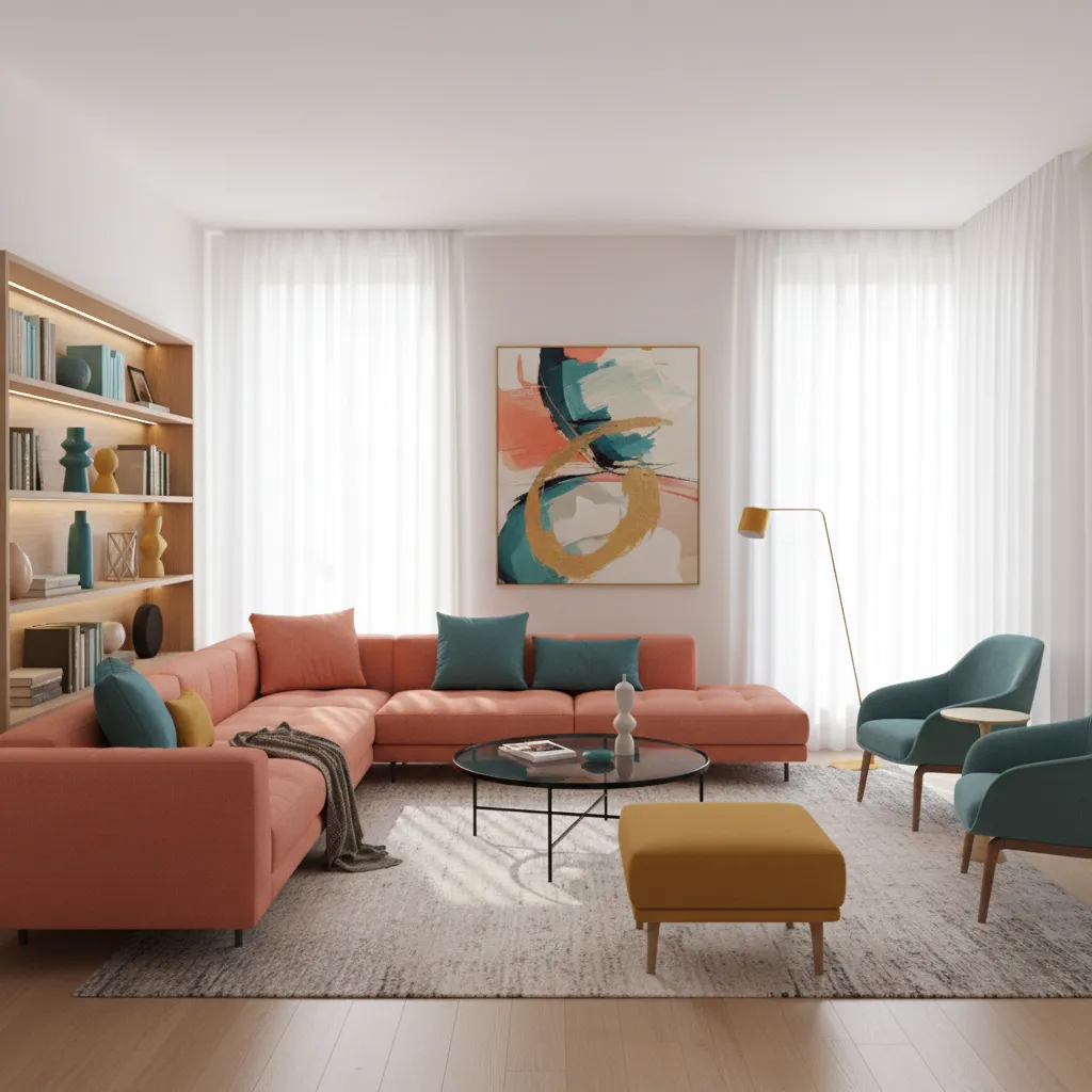 Interior scene showing coordinated color palette in modern colorful home