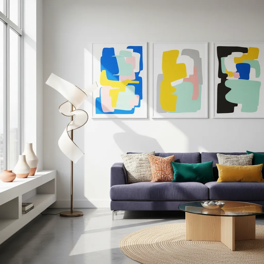 Modern colorful living room showing layered decor with open space