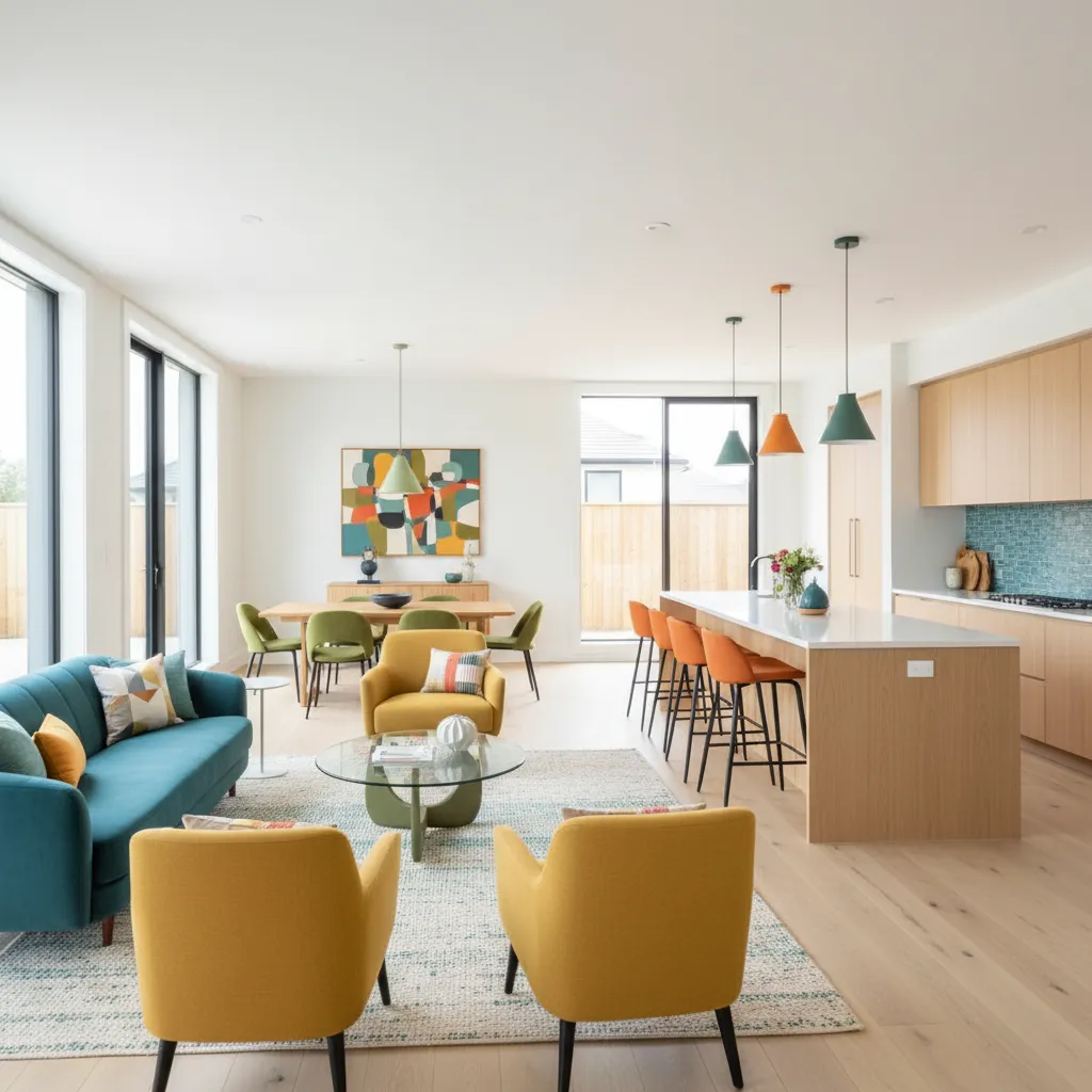 Open modern home interior showing color continuity between rooms