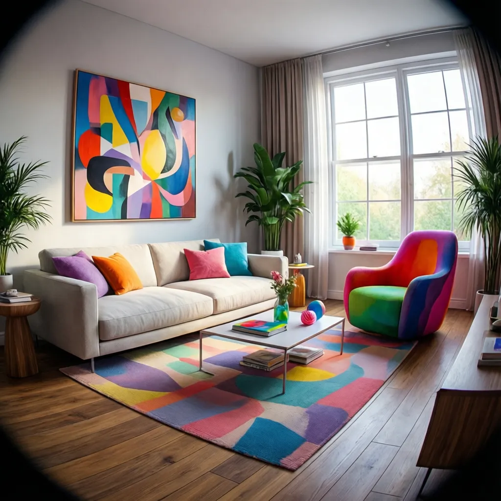 Colorful modern living room with playful accents and minimalist furniture
