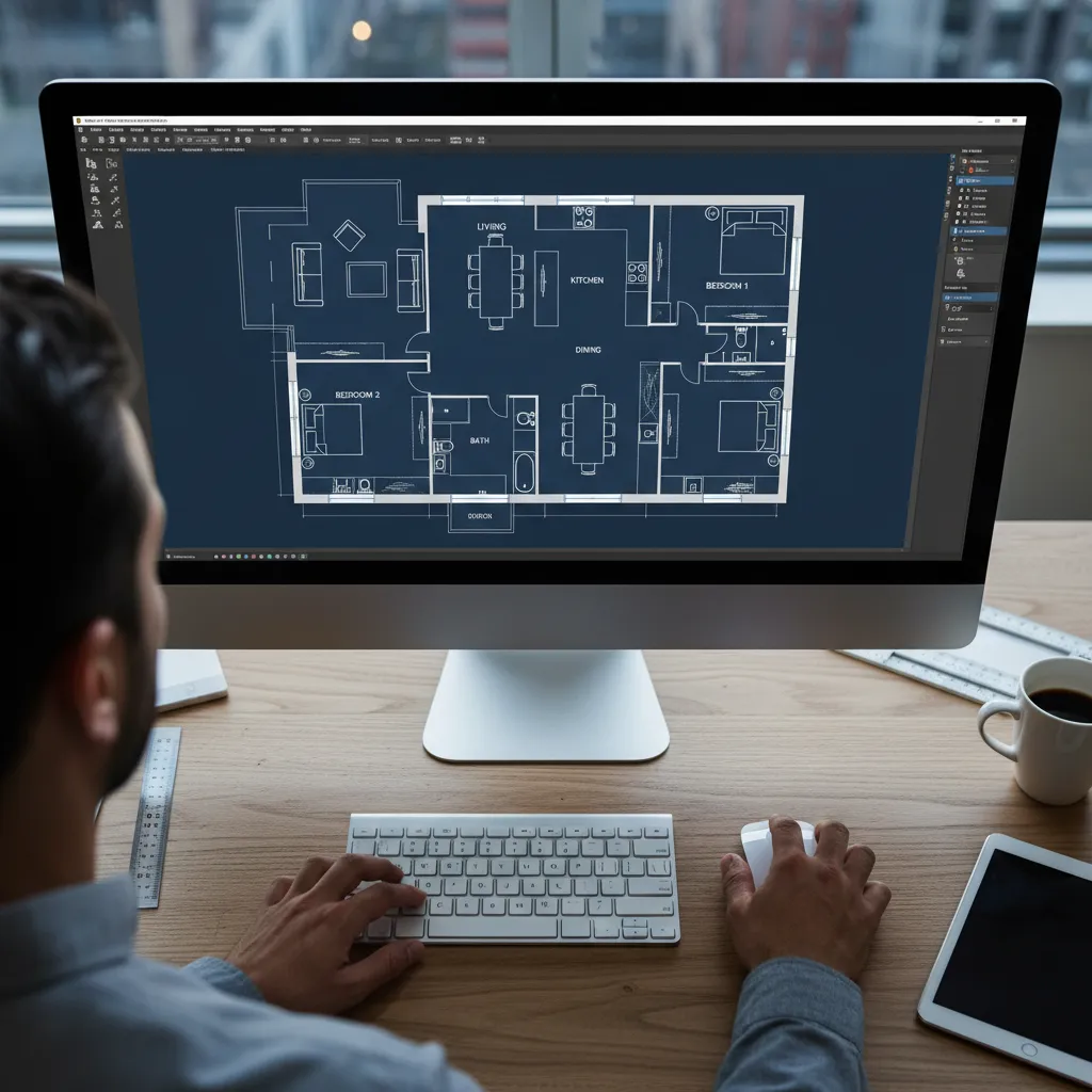 planta baixa residencial aberta em software CAD