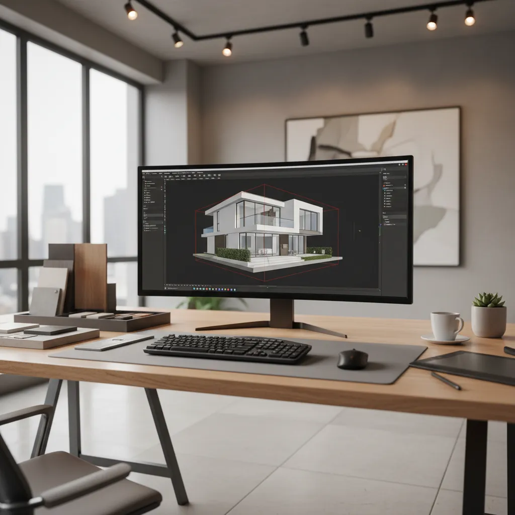 Computer monitor on wooden desk showing a modern white house model using interior design software