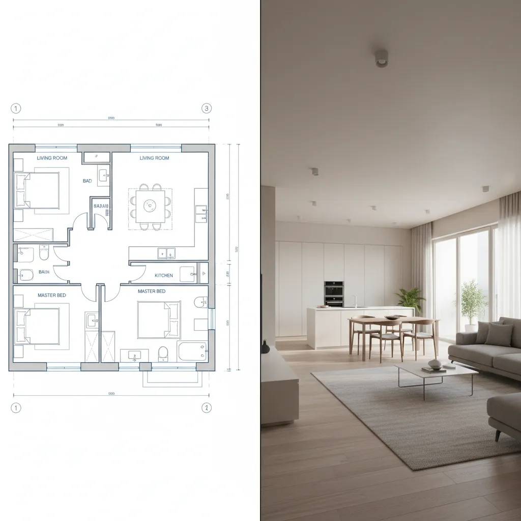 Side by side comparison of a detailed floor plan layout and a finished interior design drawing