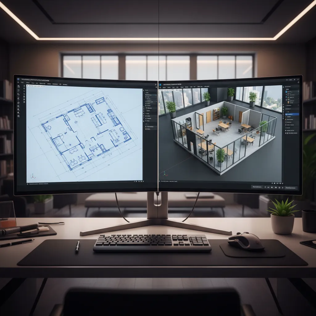 CAD interface showing DXF floor plan converting into a 3D model