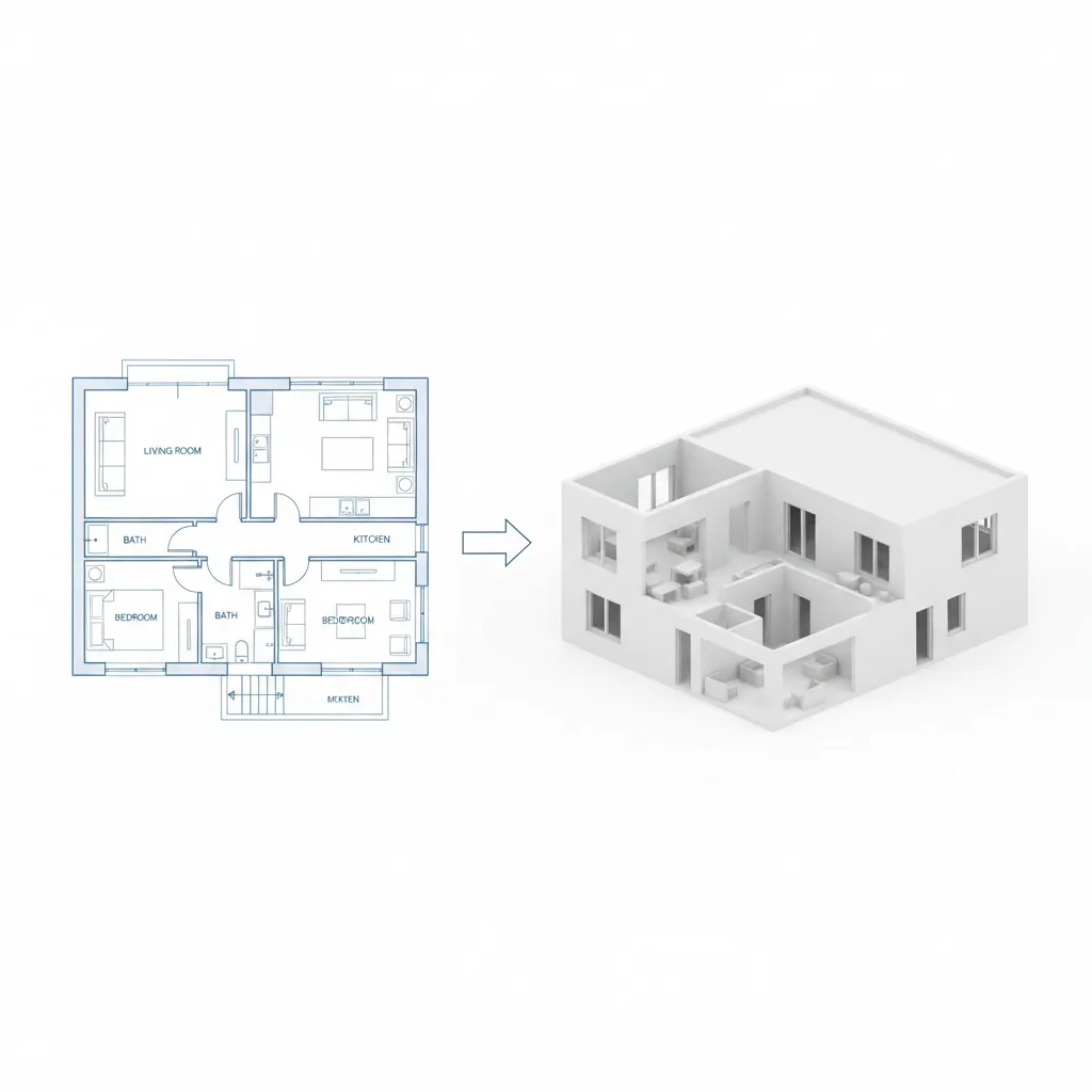 DXF floor plan being converted into a simple 3D architectural model