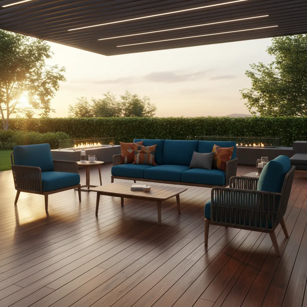 Outdoor patio seating with newly dyed cushion covers in deep color tones