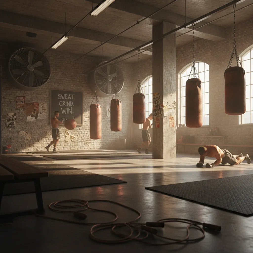 Dynamic boxing gym environment with swinging heavy bags and training space