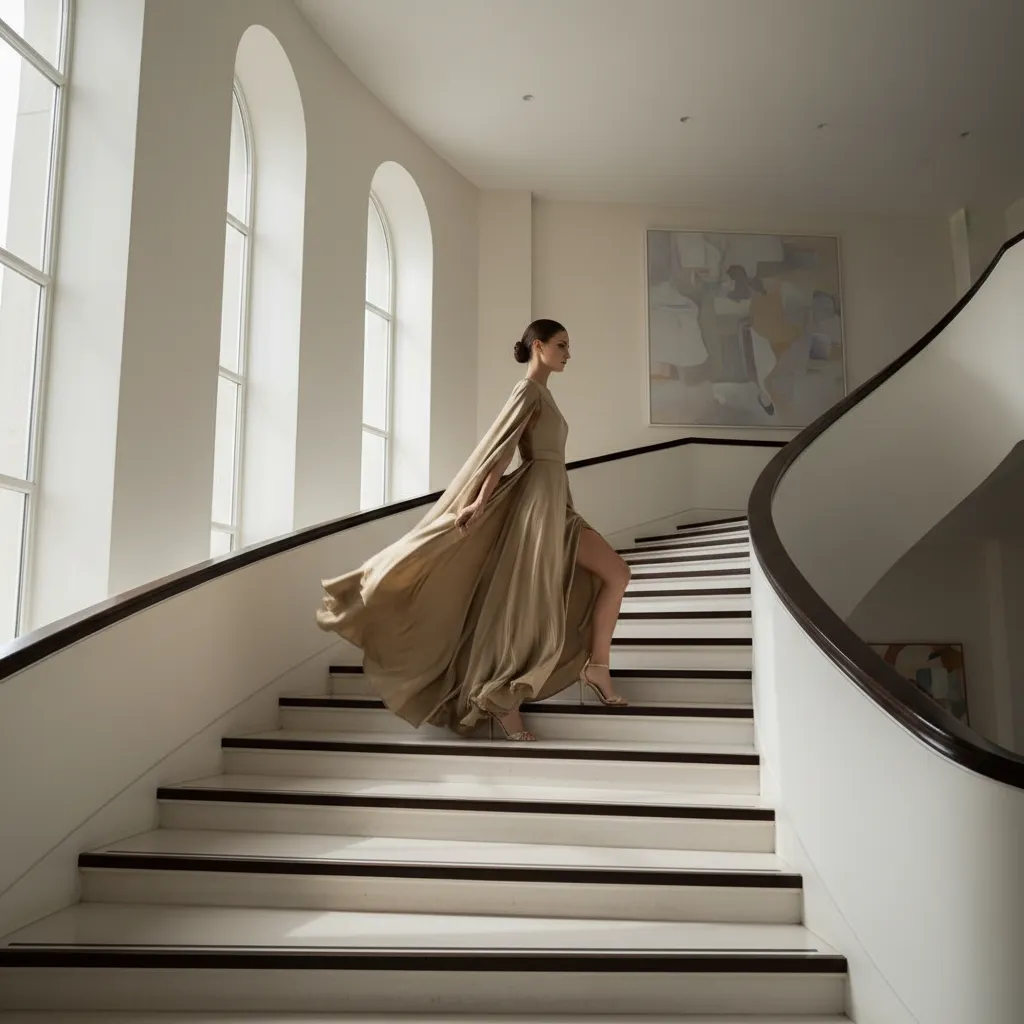 model walking up stairs creating natural motion pose in staircase photography
