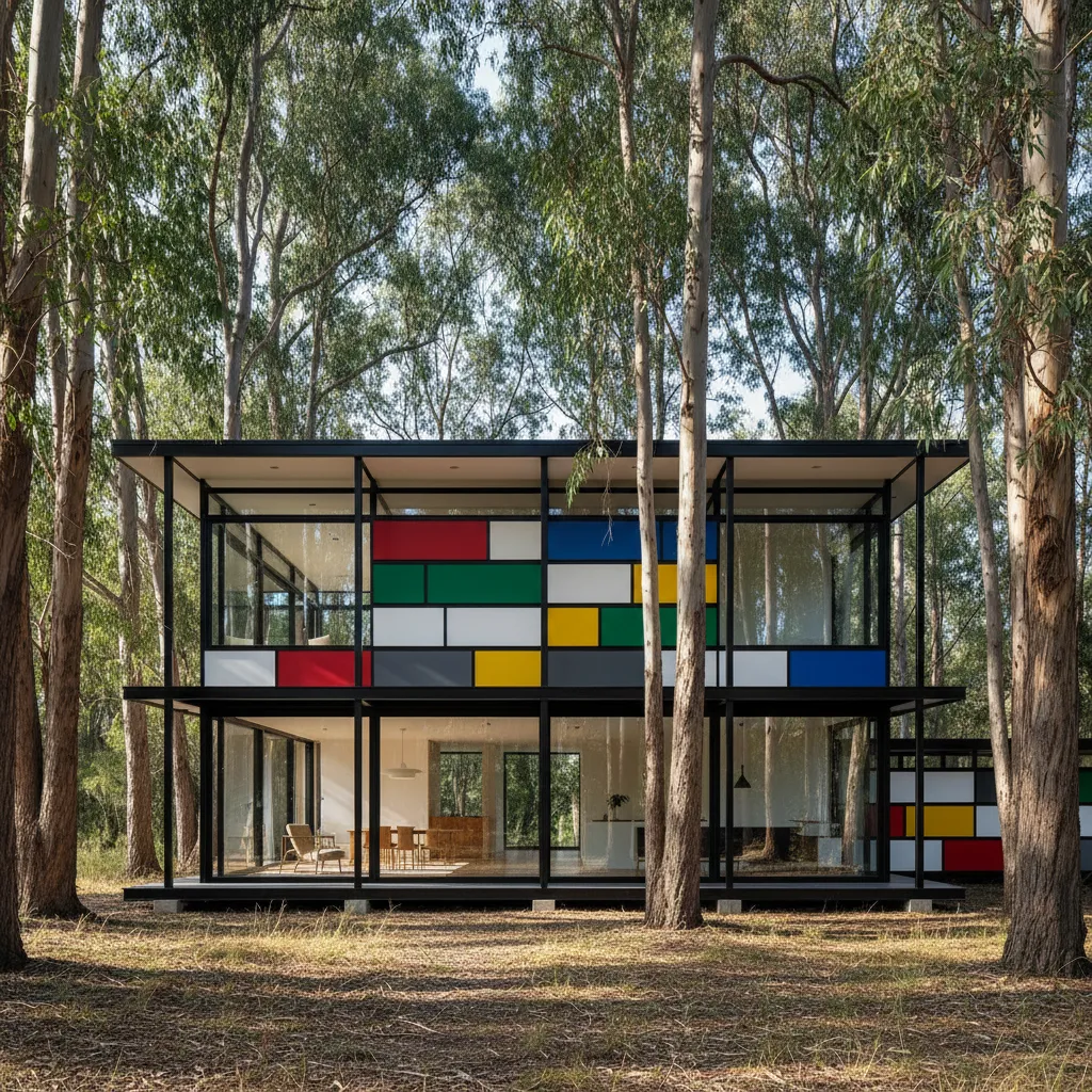 Casa Eames con estructura metálica y paneles de colores