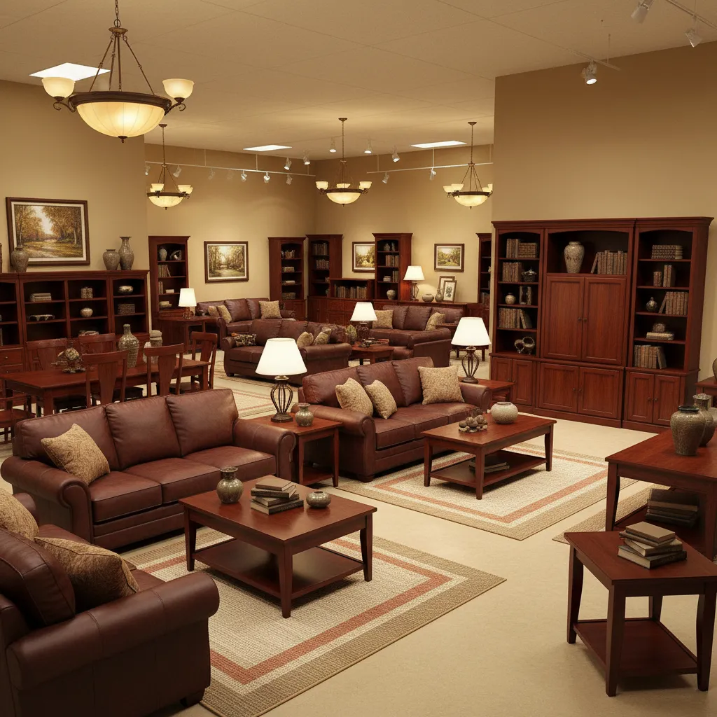 Furniture showroom with dark wood bedroom and living room sets typical of early 2000s retail trends