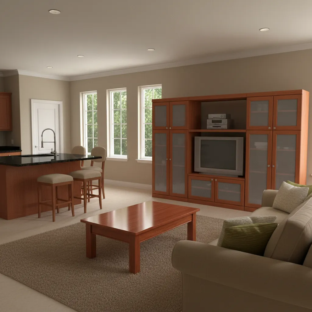 typical early 2000s living room with beige walls cherry furniture and open concept layout