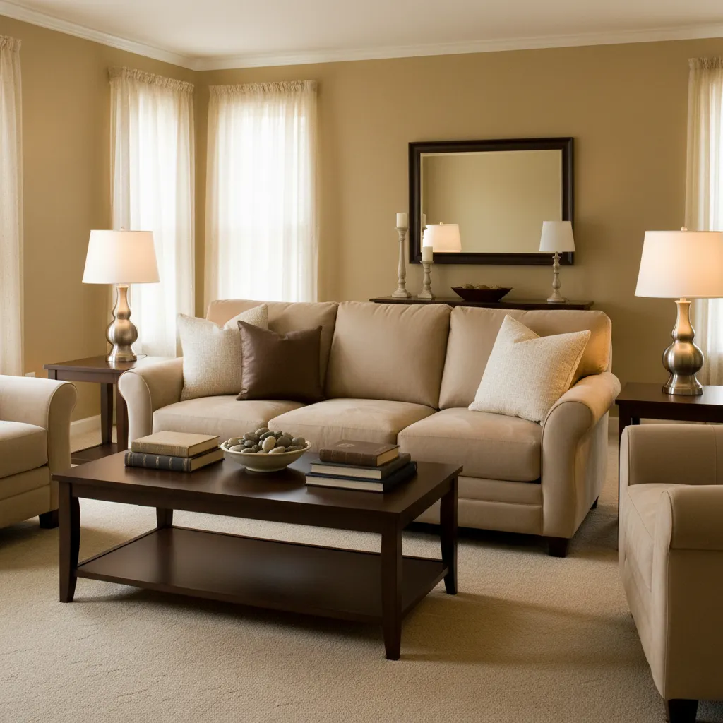 Typical 2005 transitional living room with beige walls microfiber sofa and espresso wood furniture