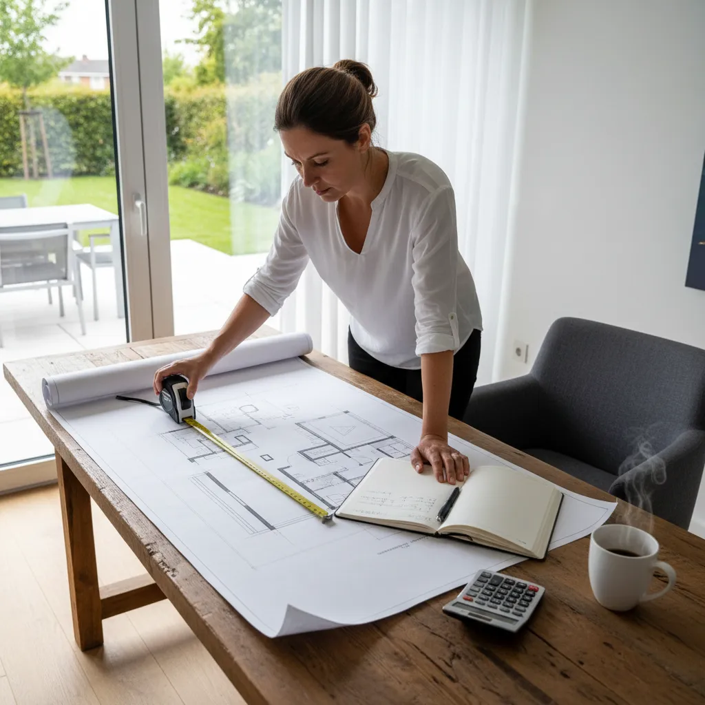 homeowner reviewing house floor plans and budget notes on a table