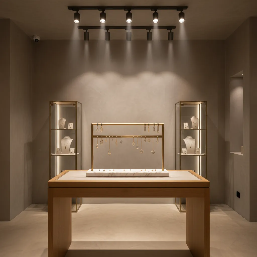 Spotlights positioned at angle above jewelry display highlighting earrings