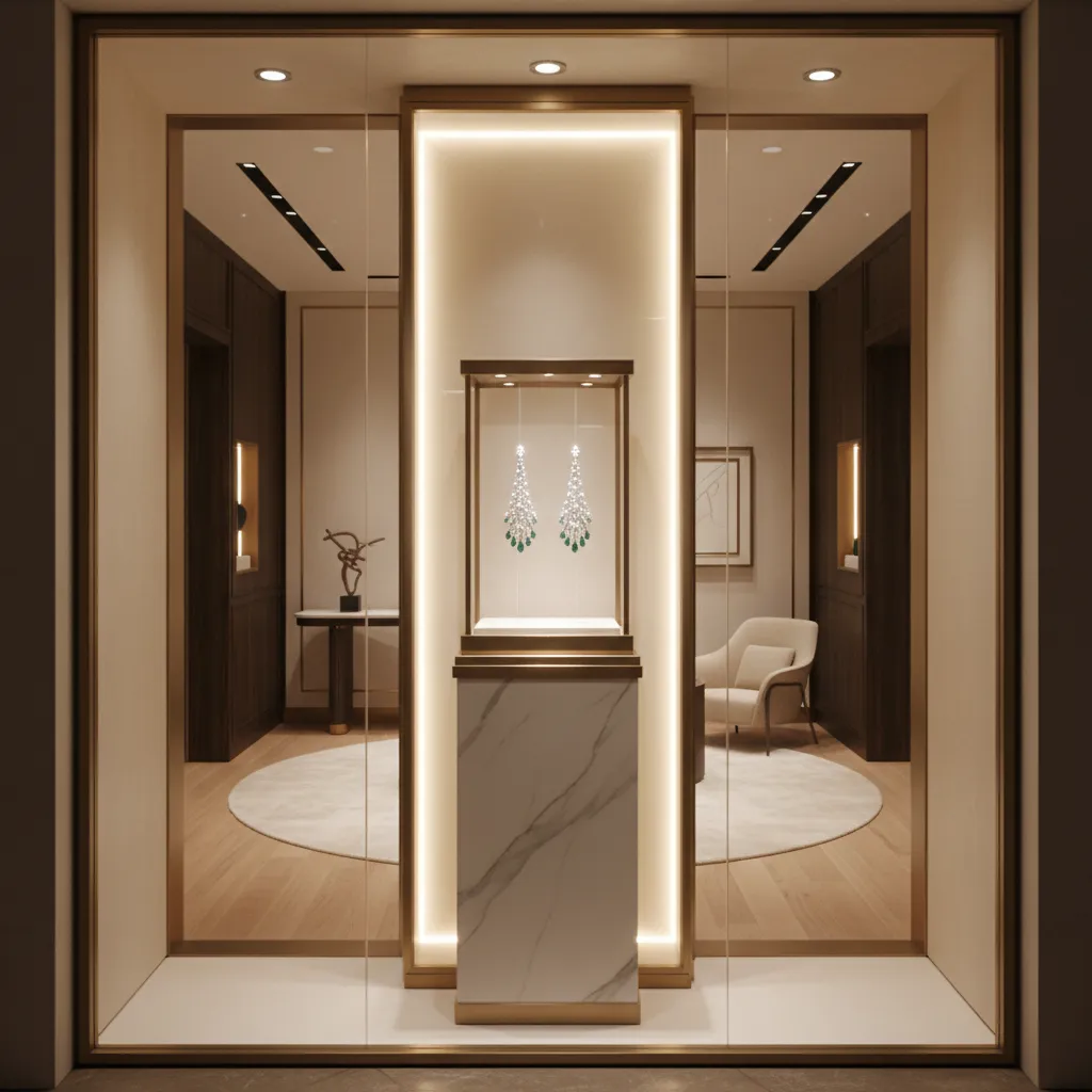 earring shop entrance display featuring highlighted jewelry pieces