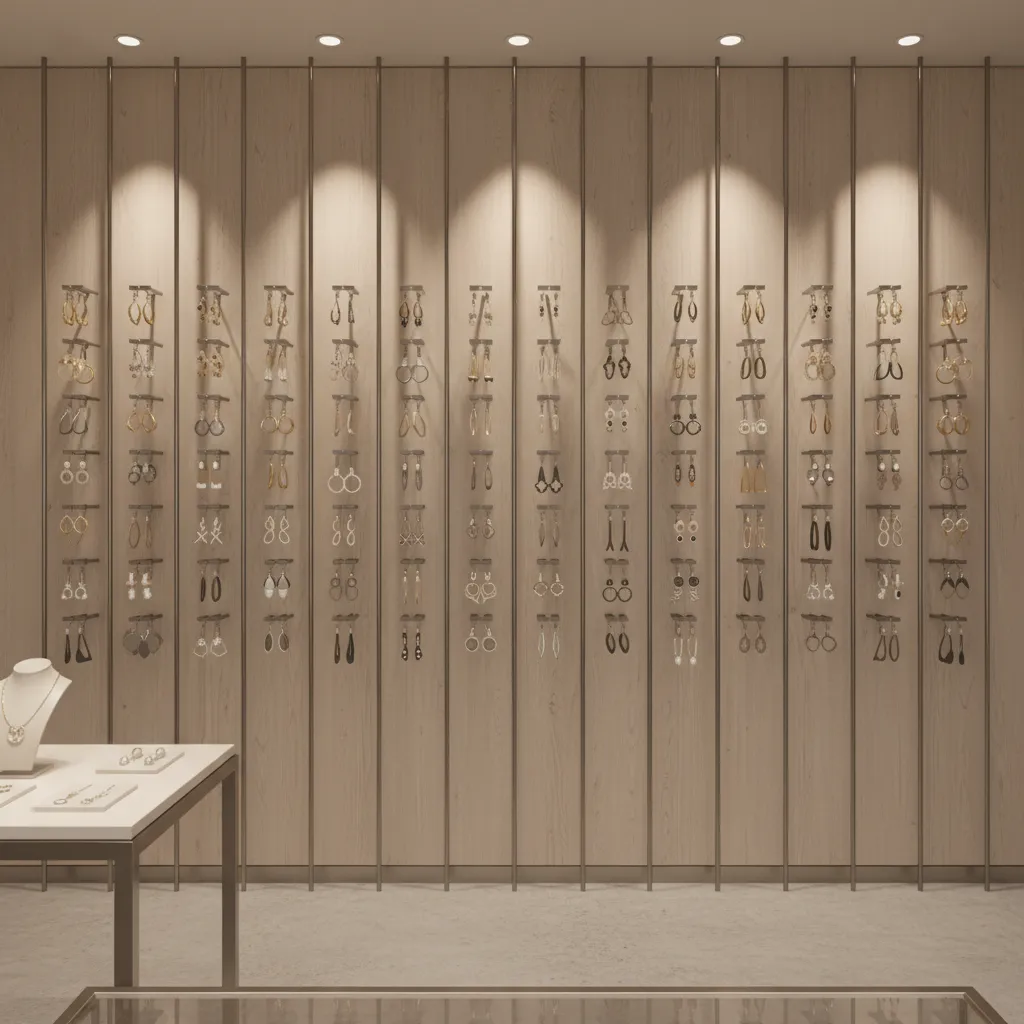 earring shop wall display racks filled with organized jewelry