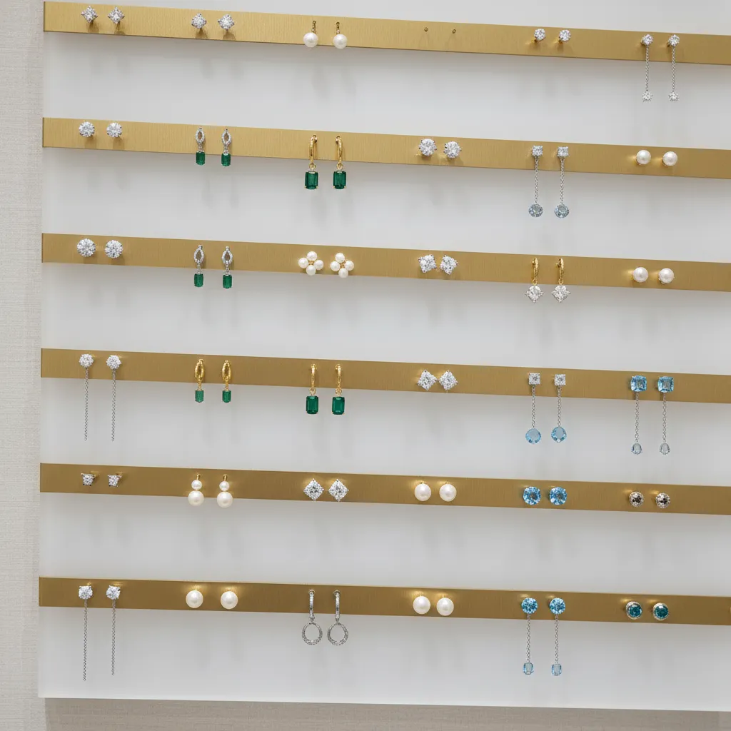 earring display panel with balanced spacing between jewelry pieces