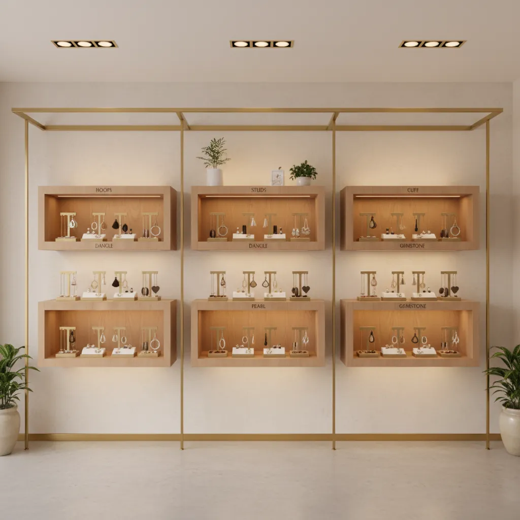 earring boutique wall display organized by different jewelry styles