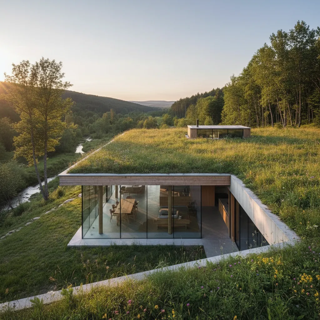 Casa parcialmente enterrada con techo verde en un paisaje natural
