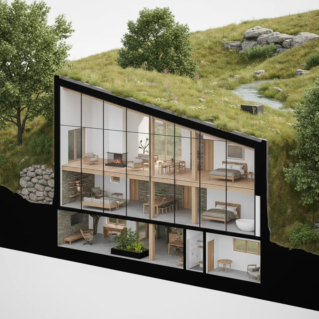 Interior design drawing showing a modern house built into a green hill with large windows