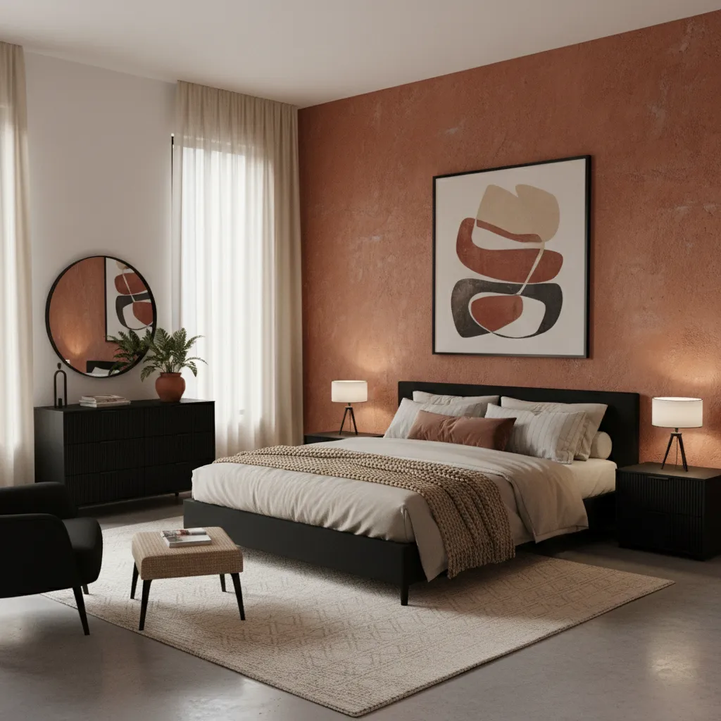 Bedroom with earth tone walls and black furniture