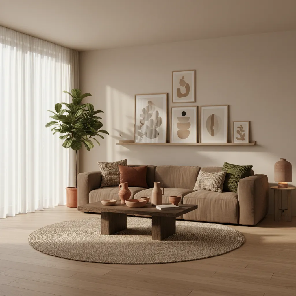 Living room interior with beige, brown and terracotta palette