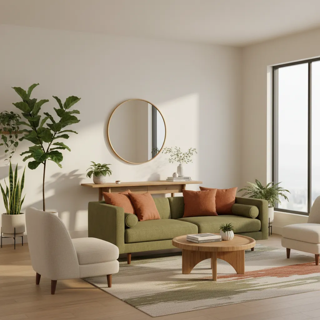 Modern living room with olive sofa and terracotta accents