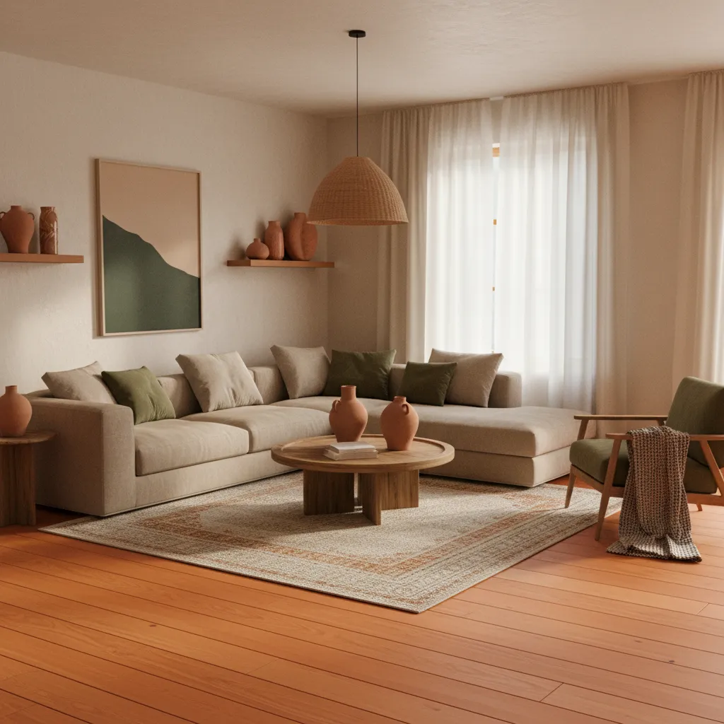 earth tone living room palette with terracotta decor and orange wood floors