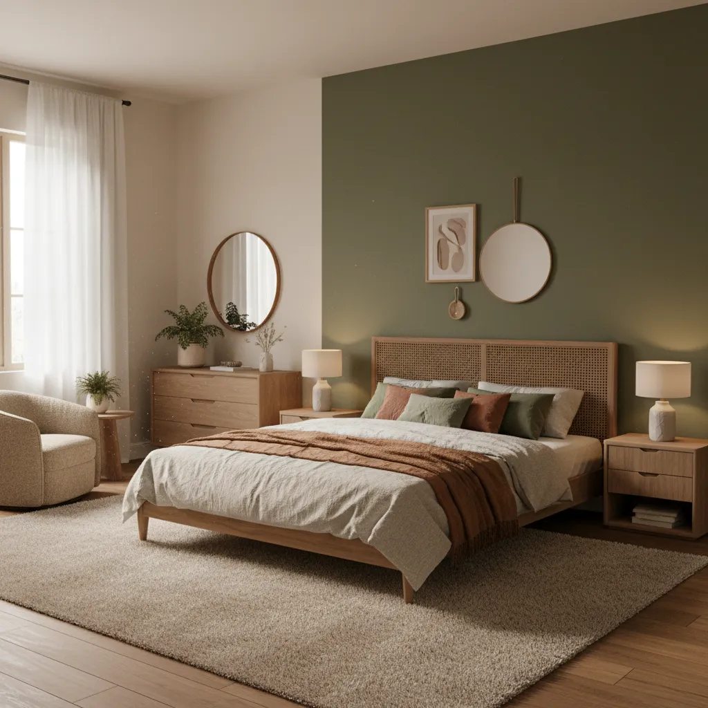 Earth tone bedroom with beige and olive two colour wall combination