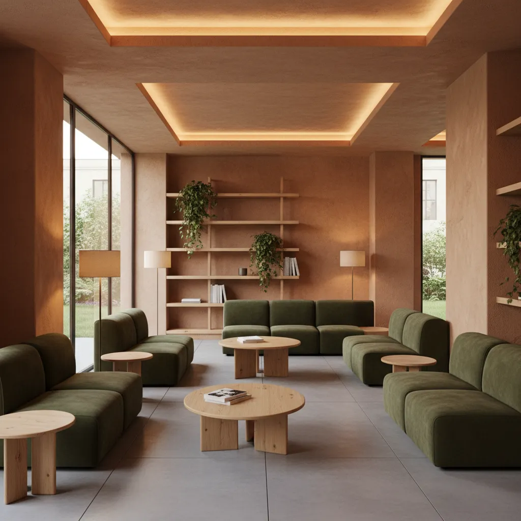 waiting room interior using earth tone palette and soft lighting