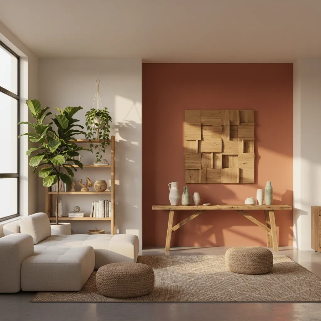 modern living room with terracotta accent wall and off white walls